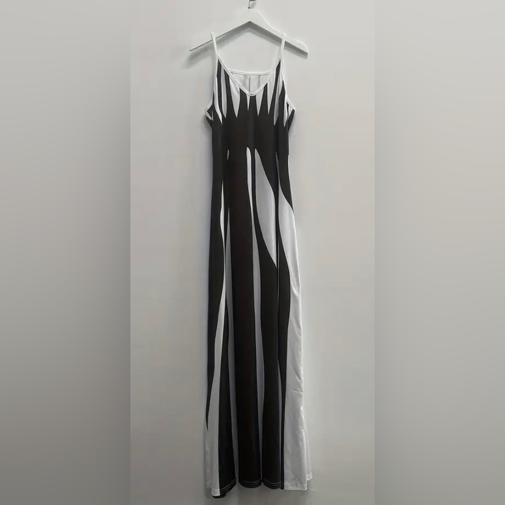 New Abstract Geo Print Maxi Dress Sleeveless Spaghetti Strap Black White Stripe - Picture 3 of 9